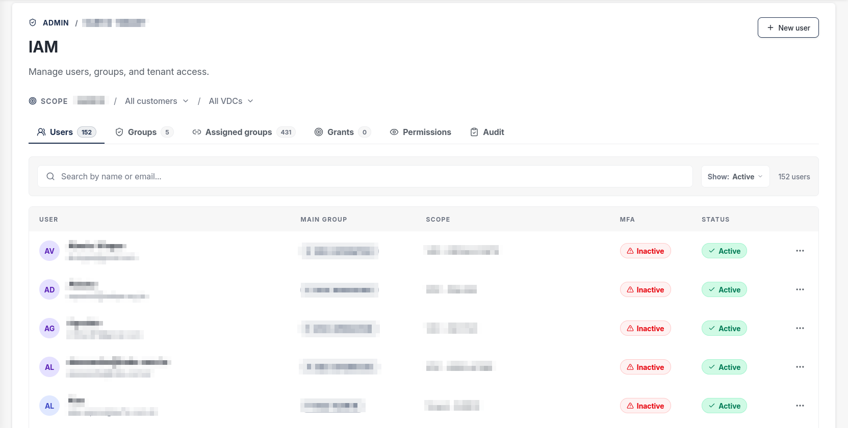 Tela de IAM na aba Users, com o botão New user no canto superior direito